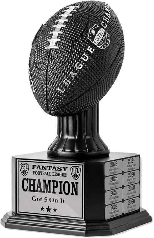 The Got 5 On It championship trophy &mdash; a black football on a plinth, with year plates for each champion